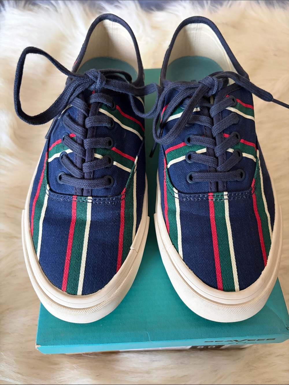 SeaVees for Jcrew Navy Canvas Sneakers with Green & Red Stripes